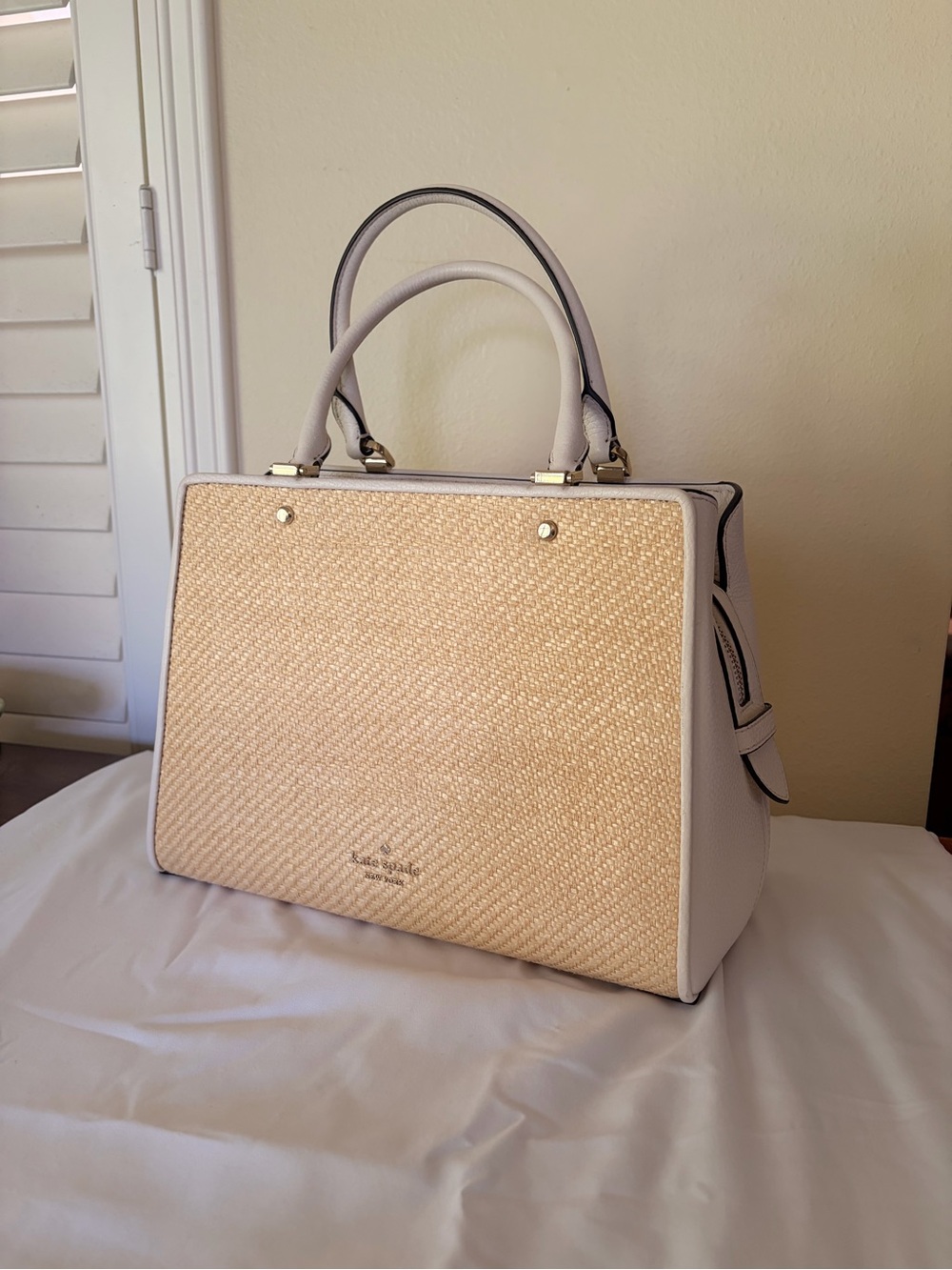 kate spade Cream Leather and Straw Top-Handle Satchel - 2022 Leila Collection